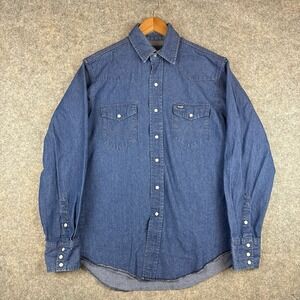 Wrangler Denim Shirt Mens 15.5 Medium Blue Pearl Snap Western Cowboy Dark Wash